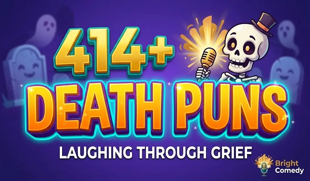 Large 3D text reading 414+ Death Puns with a funny skeleton character.