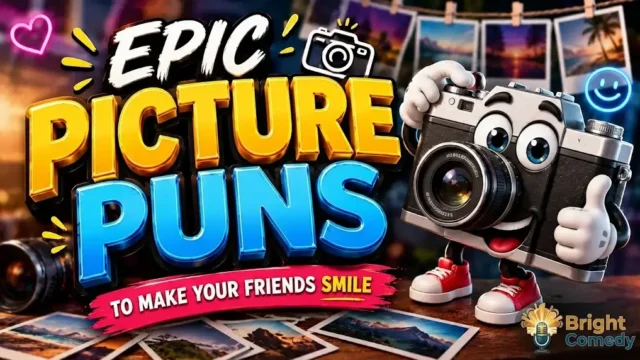 Colorful 3D cartoon-style banner featuring the text 'EPIC PICTURE PUNS TO MAKE YOUR FRIENDS SMILE' with a cheerful animated vintage camera character giving a thumbs-up. Bright Comedy logo watermark is in the bottom-right corner.