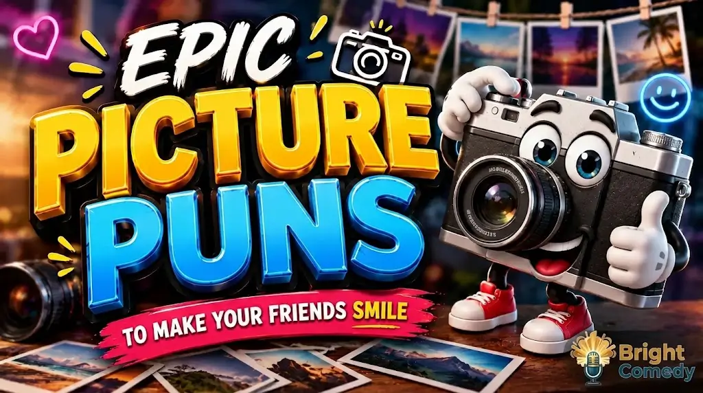 Colorful 3D cartoon-style banner featuring the text 'EPIC PICTURE PUNS TO MAKE YOUR FRIENDS SMILE' with a cheerful animated vintage camera character giving a thumbs-up. Bright Comedy logo watermark is in the bottom-right corner.