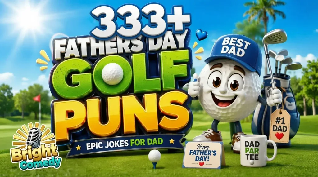 333+ Fathers Day Golf Puns thumbnail featuring bold 3D typography, cartoon golf ball mascot with Best Dad cap, and Bright Comedy watermark.