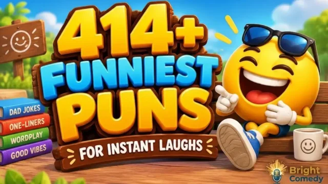 414+ funniest puns with a laughing emoji mascot and colorful joke-themed setting