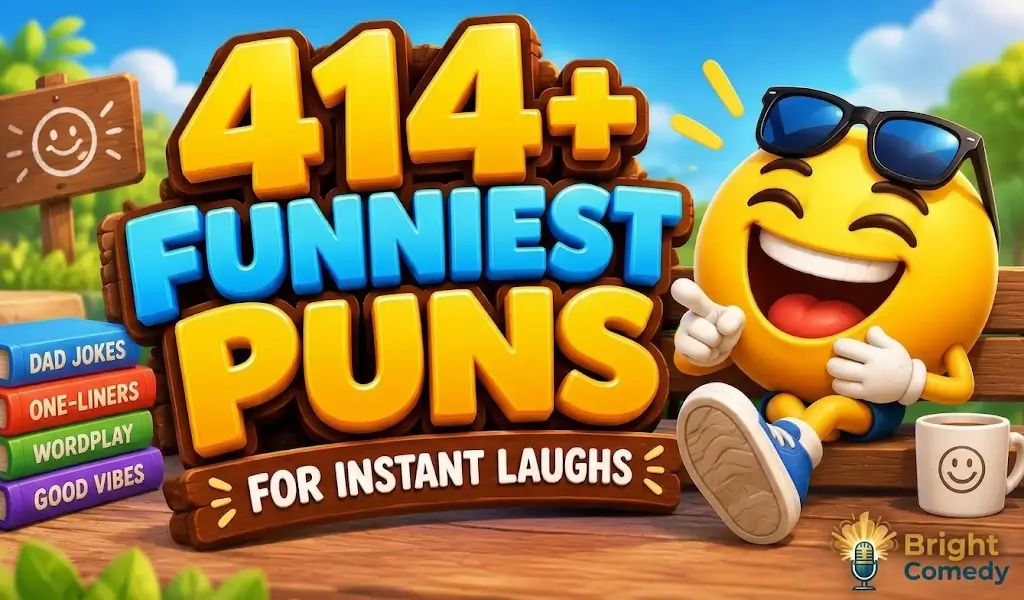 414+ funniest puns with a laughing emoji mascot and colorful joke-themed setting