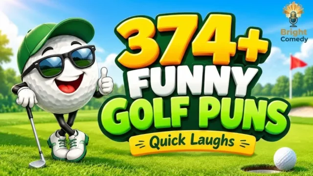 Funny golf puns thumbnail with a cheerful golf ball mascot and colorful 3D golf lettering.