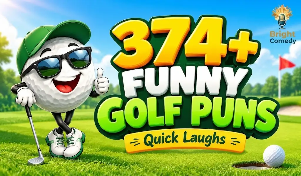 Funny golf puns thumbnail with a cheerful golf ball mascot and colorful 3D golf lettering.