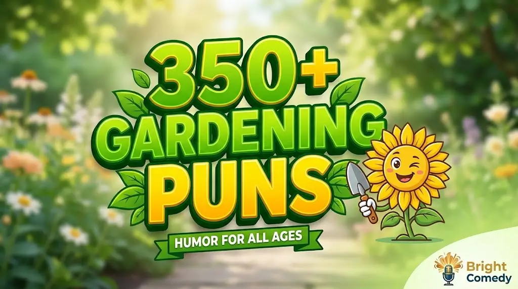 Bold 3D typography '350+ Gardening Puns' featuring a cheerful smiling sunflower mascot in a softly blurred garden setting for Bright Comedy.