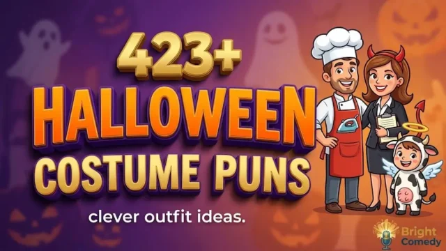 Bold chunky 3D text '423+ HALLOWEEN COSTUME PUNS' above tagline 'clever outfit ideas.' with cartoon characters in pun costumes.