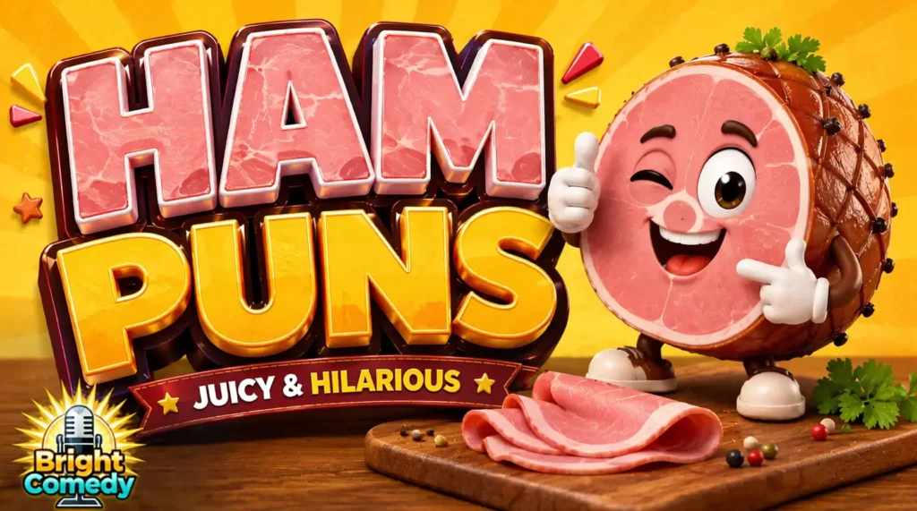 Ham Puns thumbnail featuring bold 3D typography, cartoon ham mascot, and Bright Comedy watermark.