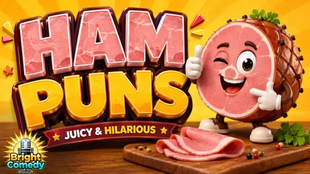 Ham Puns thumbnail featuring bold 3D typography, cartoon ham mascot, and Bright Comedy watermark.