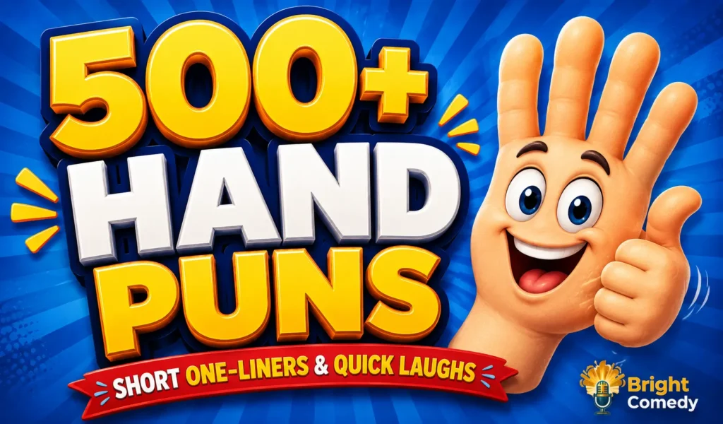 500+ hand puns with a cheerful cartoon hand and bold 3D typography