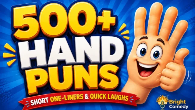 500+ hand puns with a cheerful cartoon hand and bold 3D typography