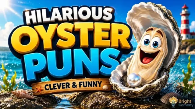 Alt Text: Vibrant 3D cartoon-style banner featuring the text 'HILARIOUS OYSTER PUNS' in large yellow and blue 3D lettering, and 'CLEVER & FUNNY' on a small wooden sign with a starfish. On the right, a cheerful animated oyster character with big eyes and an open mouth is sitting in its open shell, which has a shiny pearl inside, resting on wet seaside rocks. A red-and-white lighthouse and ocean are in the background, with the 'Bright Comedy' watermark in the bottom-right corner.