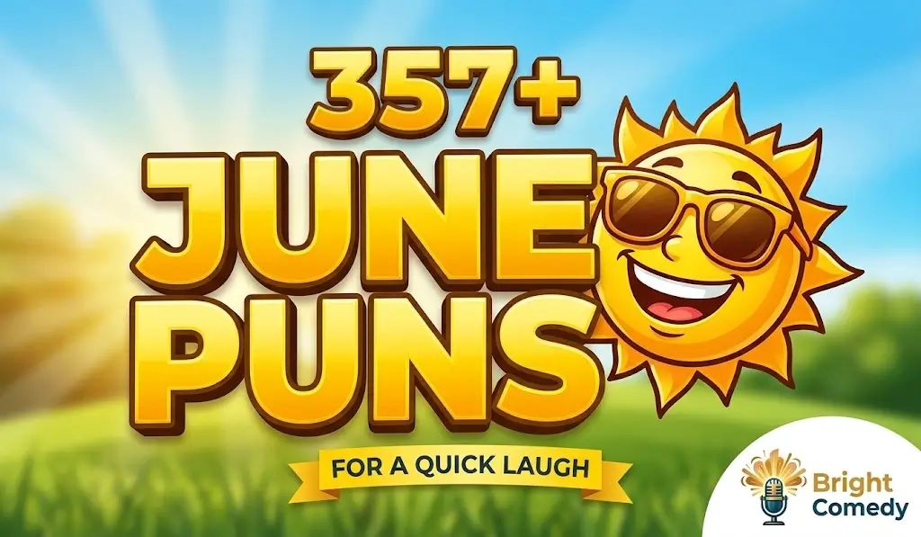 Vibrant featured thumbnail image with large gold 3D text reading 357+ JUNE PUNS and a funny cartoon sun mascot for Bright Comedy.