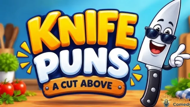 Cartoon knife wearing sunglasses pointing to the text 'Knife Puns: A Cut Above' for Bright Comedy.