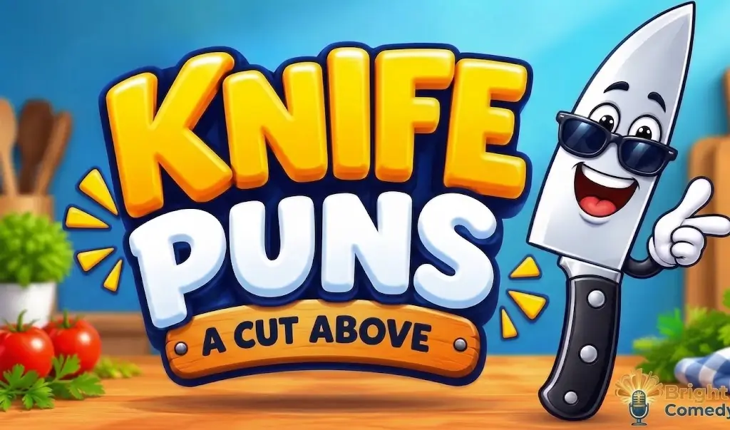Cartoon knife wearing sunglasses pointing to the text 'Knife Puns: A Cut Above' for Bright Comedy.