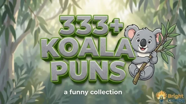 Bold chunky 3D koala puns title with cute cartoon koala mascot on blurred forest background.