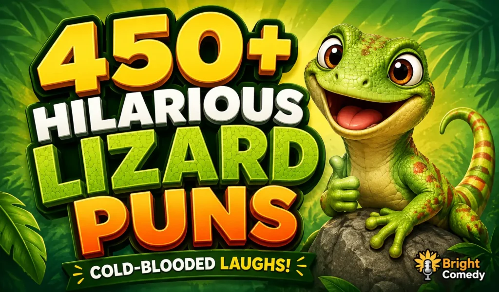 Lizard puns thumbnail with a cheerful green gecko and bold 450+ funny joke typography