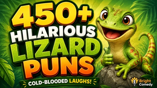 Lizard puns thumbnail with a cheerful green gecko and bold 450+ funny joke typography