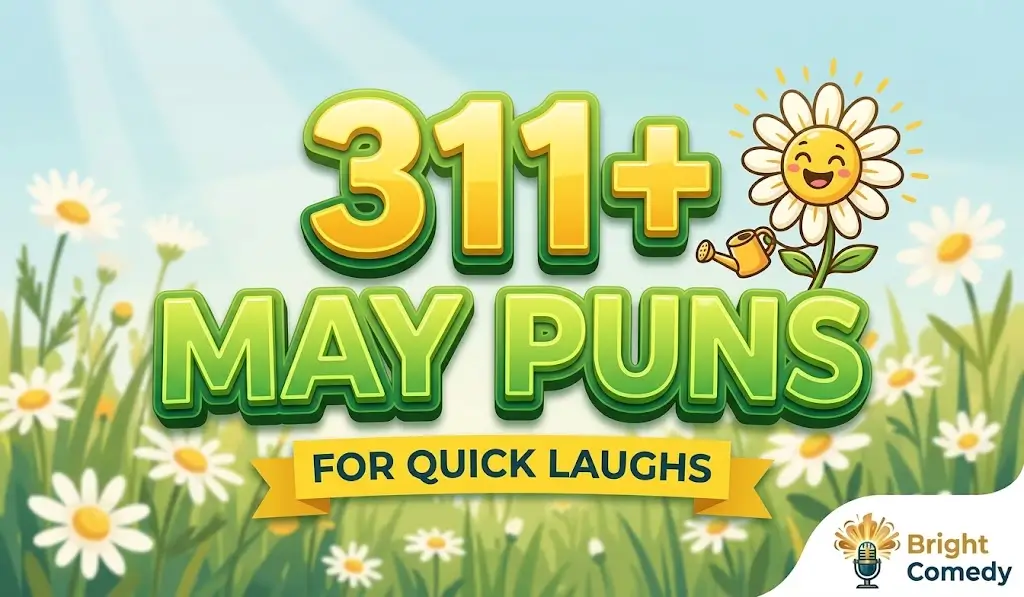 Large 3D text "311+ MAY PUNS" with a cartoon daisy and sun against a soft spring background for Bright Comedy.