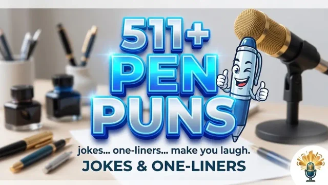 A winking cartoon pen mascot with 3D text "511+ PEN PUNS" for Bright Comedy.