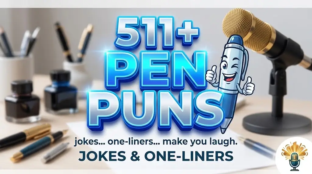 A winking cartoon pen mascot with 3D text "511+ PEN PUNS" for Bright Comedy.