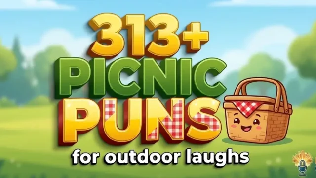 Bold chunky 3D picnic puns text with a friendly cartoon picnic basket on a blurred sunny park background, featured cover image.