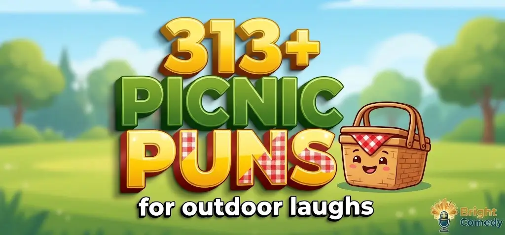 Bold chunky 3D picnic puns text with a friendly cartoon picnic basket on a blurred sunny park background, featured cover image.