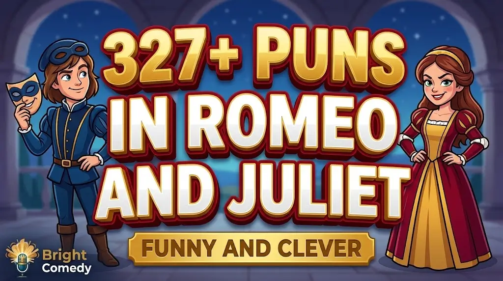 Vibrant gold 3D text for 327+ Puns in Romeo and Juliet with friendly cartoon lovers for Bright Comedy.