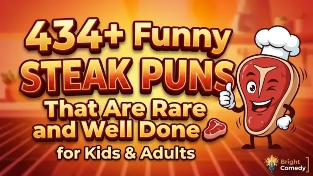 Gold 3D text '434+ Funny STEAK PUNS' with winking cartoon steak mascot and grill background.