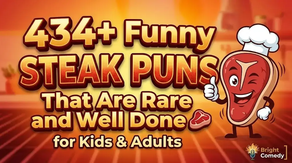 Gold 3D text '434+ Funny STEAK PUNS' with winking cartoon steak mascot and grill background.