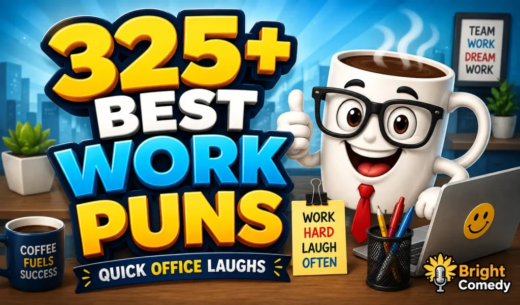 325+ work puns in a fun office scene with a cheerful coffee mug mascot