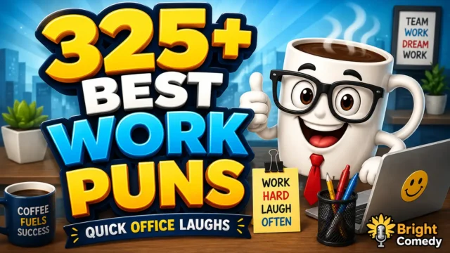 325+ work puns in a fun office scene with a cheerful coffee mug mascot