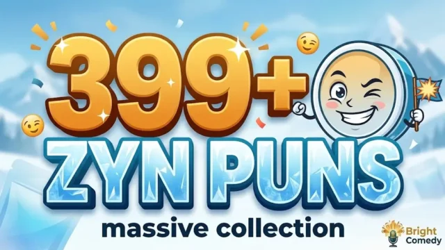 Bold chunky 3D text 399+ ZYN PUNS above massive collection tagline, with stylized zyn can mascot on alpine background