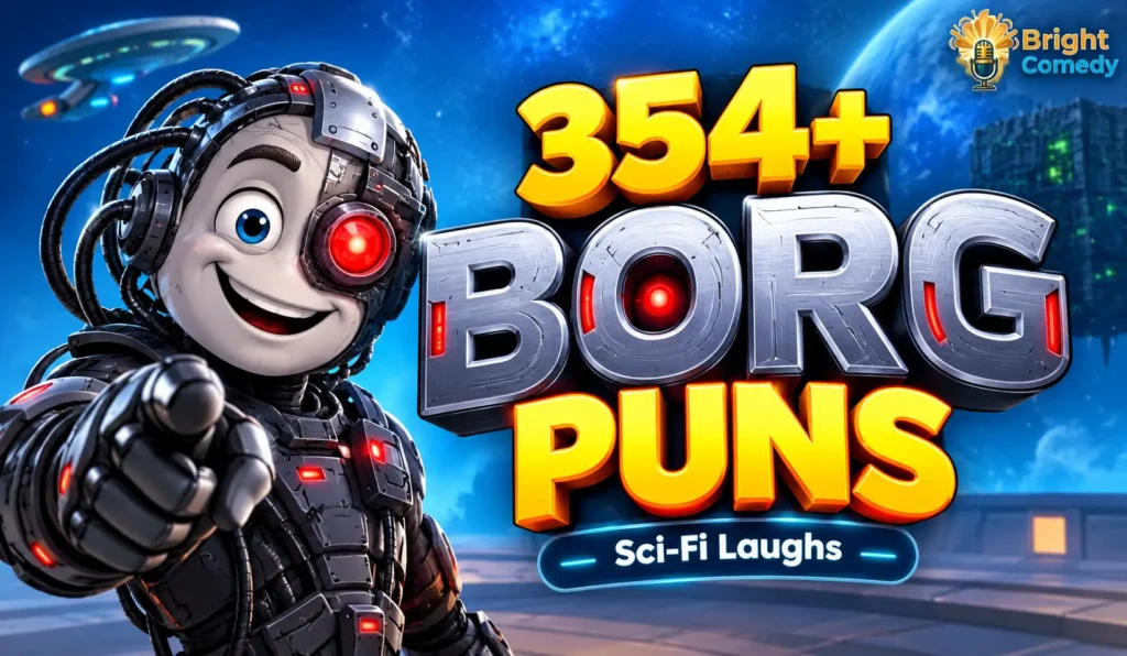 354+ borg puns thumbnail with a funny futuristic cyborg in space