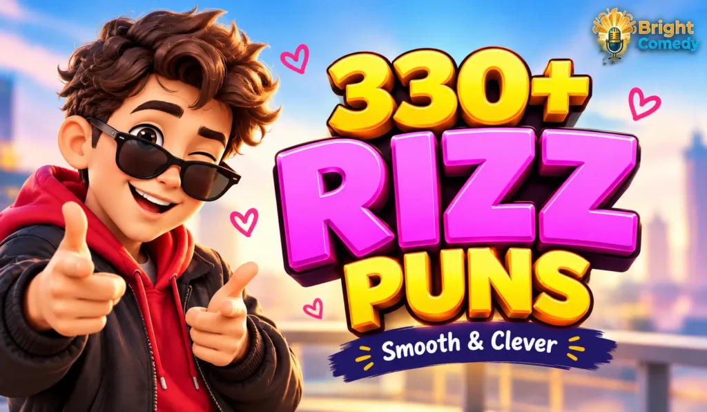 330+ rizz puns thumbnail with a funny cartoon character and bold colorful text