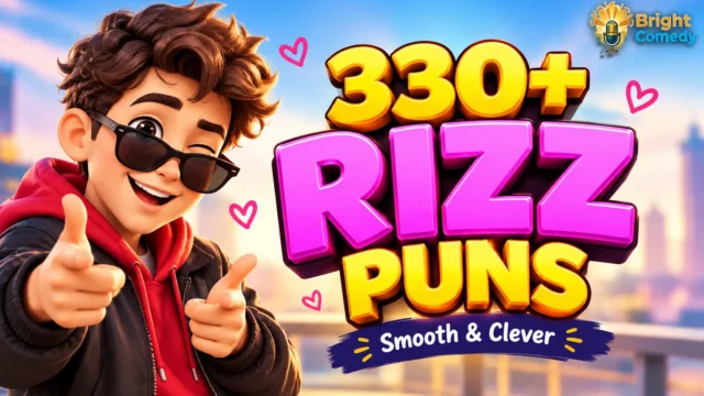 330+ rizz puns thumbnail with a funny cartoon character and bold colorful text